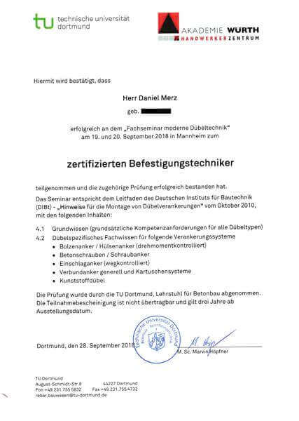 zertifizierter Befestigungstechniker Öffnungsdienst Viernheim